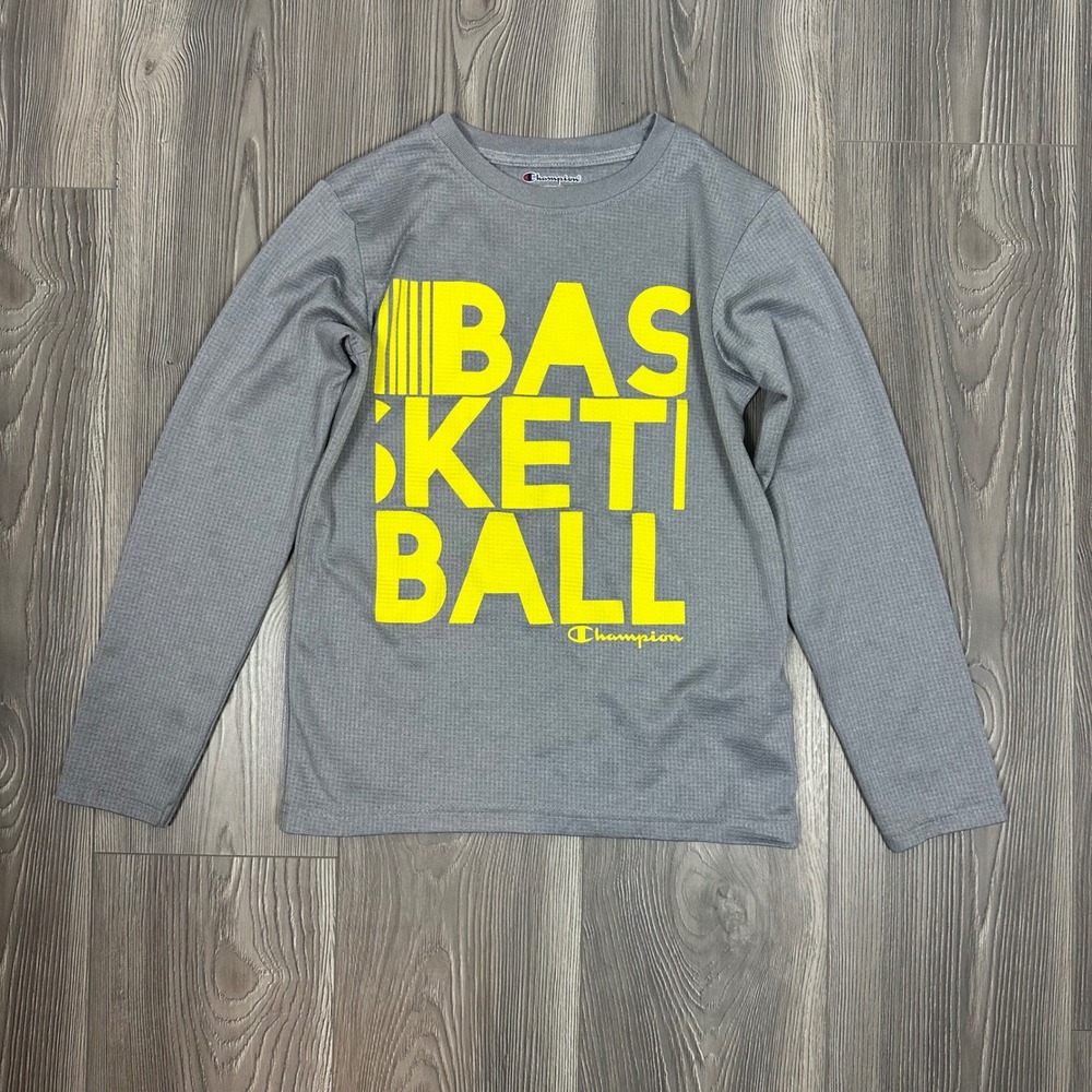 Kids Champion Basketball Long Sleeve Shirt - SIZE 10/12 Grey & Yellow Textured